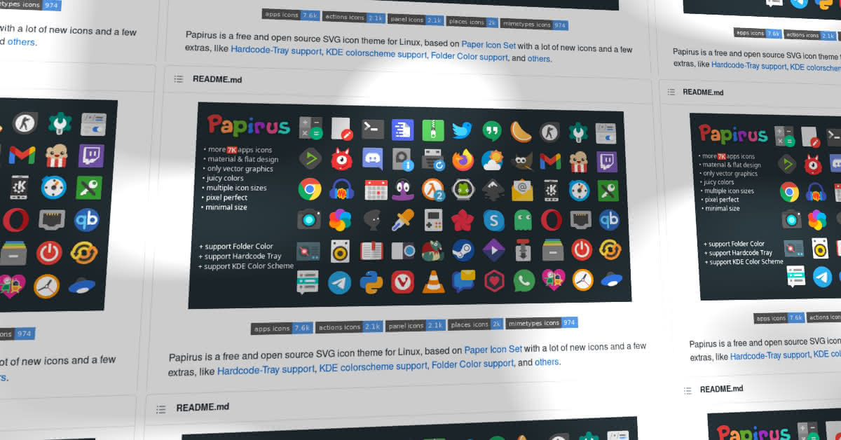 Screenshot of the GitHub project page for the Papirus icon theme, tilted, showing light patches