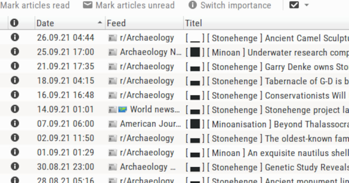 Screenshot of RSS Guard sample news item list, with length indicators and content tags enclosed in square brackets and added to the title