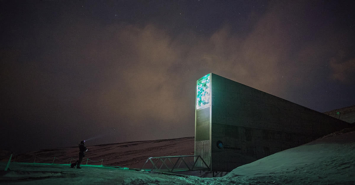 A person with a headtorch approaching the entrance to the Svalbard Global Seed Vault, at night. Ground lit with green light from the top of the entrance, sky with a purple hue, showing stars.
